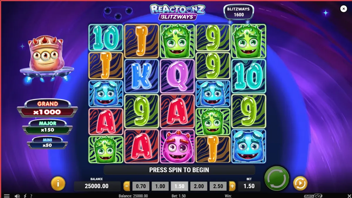 Tampilan visual slot Reactoonz Blitzways dengan karakter alien warna-warni