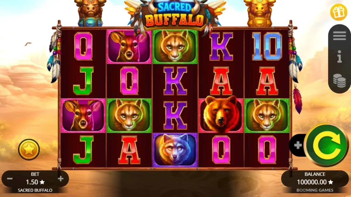 Pemandangan mistis padang rumput Barat dengan totem kerbau dalam slot Sacred Buffalo