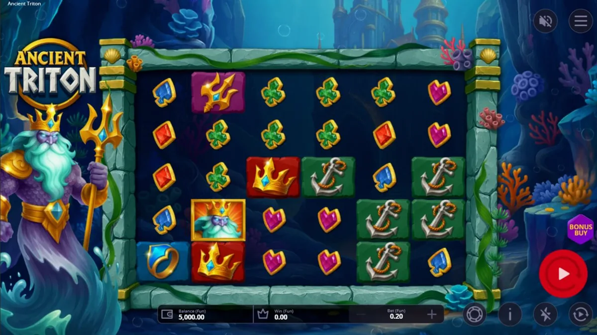 Tampilan visual slot Ancient Triton dengan tema istana bawah laut dan dewa laut.