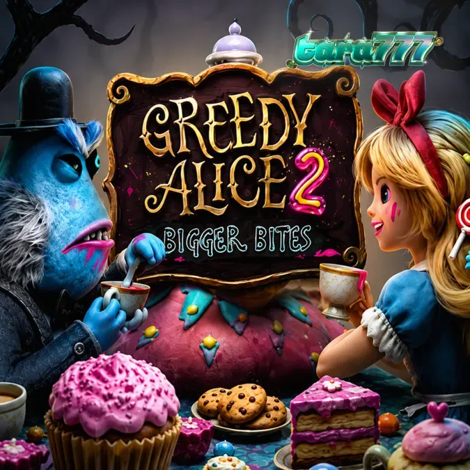 Tampilan visual slot Greedy Alice 2 Bigger Bites dengan tema Wonderland yang gelap
